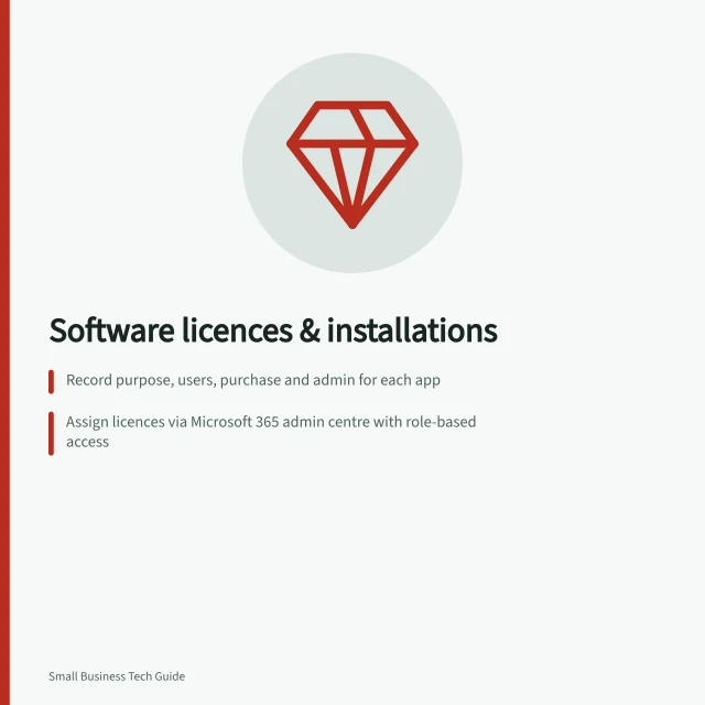 Software licences & installations: Record purpose, users, purchase and admin for each app; Assign licences via Microsoft 365 admin centre with role-based access; Unassign licences before removing users to align billing and access. Business software installation and licences