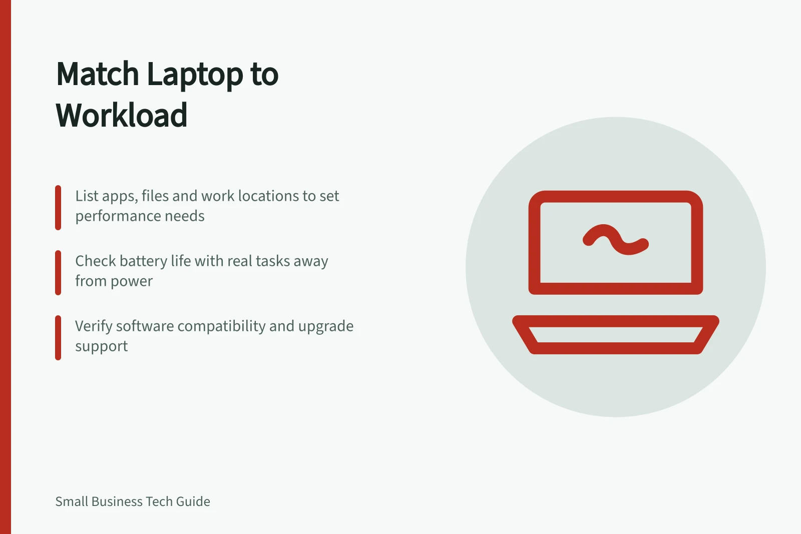 Match Laptop to Workload: List apps, files and work locations to set performance needs; Check battery life with real tasks away from power; Verify software compatibility and upgrade support