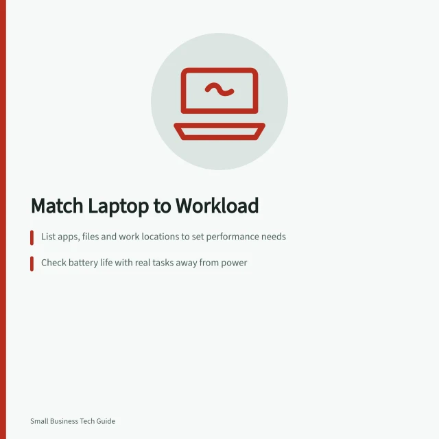 Match Laptop to Workload: List apps, files and work locations to set performance needs; Check battery life with real tasks away from power; Verify software compatibility and upgrade support. Choosing a laptop from the employee's workload