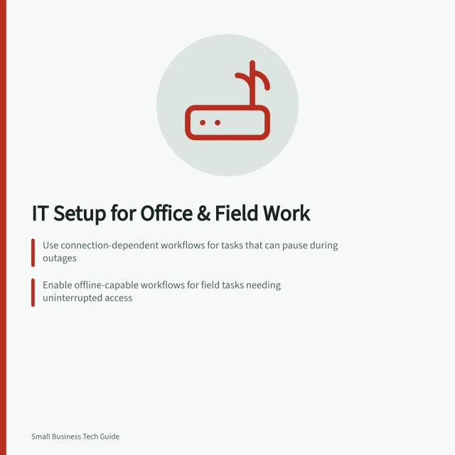 IT Setup for Office & Field Work: Use connection-dependent workflows for tasks that can pause during outages; Enable offline-capable workflows for field tasks needing uninterrupted access; Test real job tasks at work sites using ACMA mobile coverage maps. Choosing an IT setup for office and field work