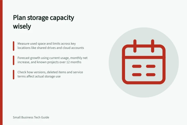 Plan storage capacity wisely: Measure used space and limits across key locations like shared drives and cloud accounts; Forecast growth using current usage, monthly net increase, and known projects over 12 months; Check how versions, deleted items and service terms affect actual storage use. Choosing storage capacity from actual file growth