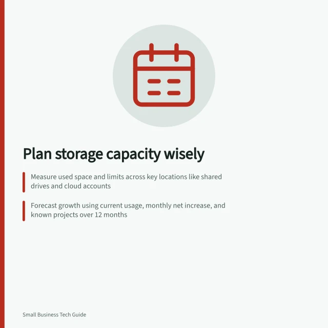 Plan storage capacity wisely: Measure used space and limits across key locations like shared drives and cloud accounts; Forecast growth using current usage, monthly net increase, and known projects over 12 months; Check how versions, deleted items and service terms affect actual storage use. Choosing storage capacity from actual file growth