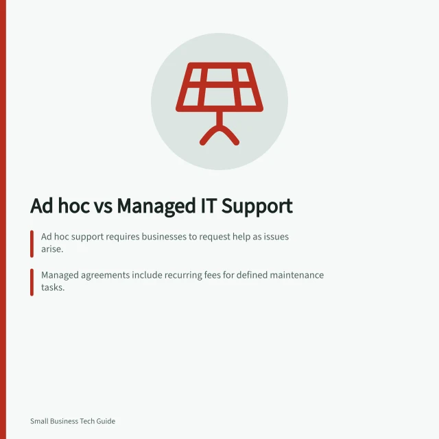 Ad hoc vs Managed IT Support: Ad hoc support requires businesses to request help as issues arise.; Managed agreements include recurring fees for defined maintenance tasks.; Both options may exclude out-of-hours calls and major security incidents. Comparing ad hoc support with a managed support agreement
