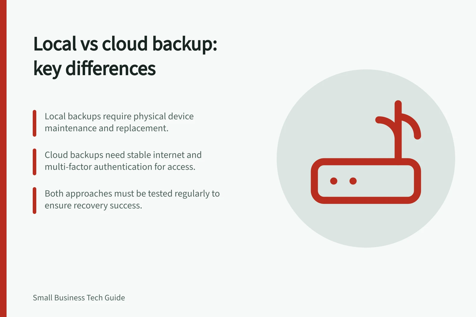 Local vs cloud backup: key differences: Local backups require physical device maintenance and replacement.; Cloud backups need stable internet and multi-factor authentication for access.; Both approaches must be tested regularly to ensure recovery success.