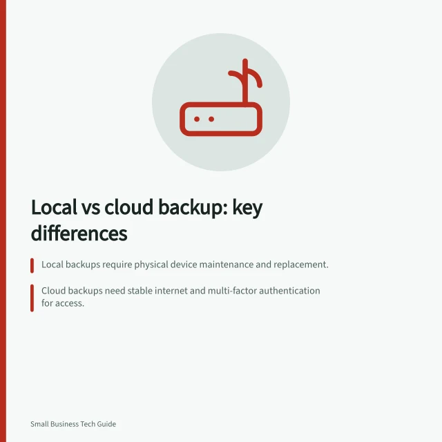 Local vs cloud backup: key differences: Local backups require physical device maintenance and replacement.; Cloud backups need stable internet and multi-factor authentication for access.; Both approaches must be tested regularly to ensure recovery success. Comparing local and cloud backup approaches
