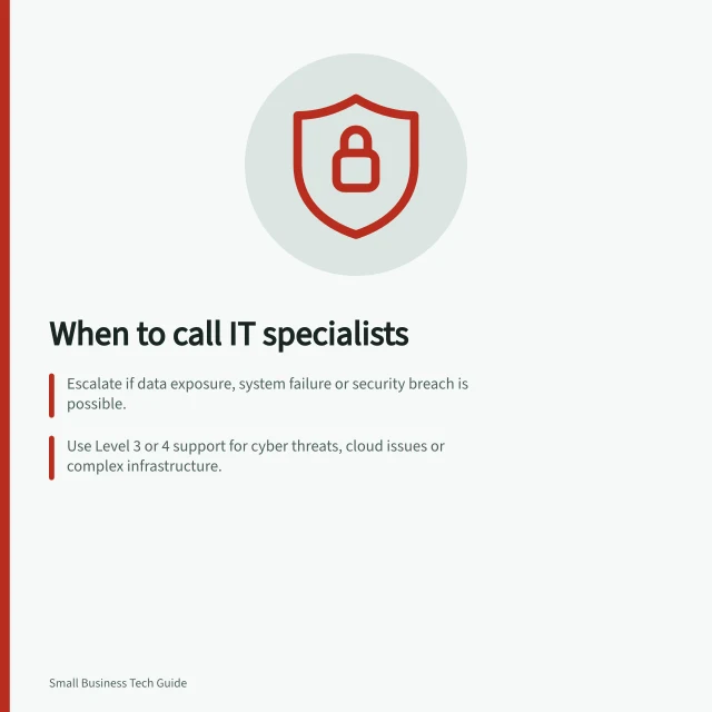 When to call IT specialists: Escalate if data exposure, system failure or security breach is possible.; Use Level 3 or 4 support for cyber threats, cloud issues or complex infrastructure.; Name an internal coordinator and record all actions in a support ticket. Deciding which IT problems need specialist help