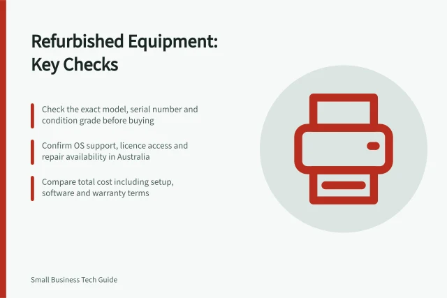 Refurbished Equipment: Key Checks: Check the exact model, serial number and condition grade before buying; Confirm OS support, licence access and repair availability in Australia; Compare total cost including setup, software and warranty terms. Evaluating refurbished business equipment