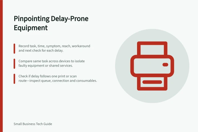 Pinpointing Delay-Prone Equipment: Record task, time, symptom, reach, workaround and next check for each delay.; Compare same task across devices to isolate faulty equipment or shared services.; Check if delay follows one print or scan route—inspect queue, connection and consumables. Identifying equipment that causes repeated delays