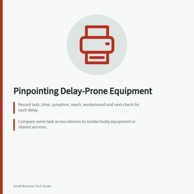 Pinpointing Delay-Prone Equipment: Record task, time, symptom, reach, workaround and next check for each delay.; Compare same task across devices to isolate faulty equipment or shared services.; Check if delay follows one print or scan route—inspect queue, connection and consumables. Identifying equipment that causes repeated delays