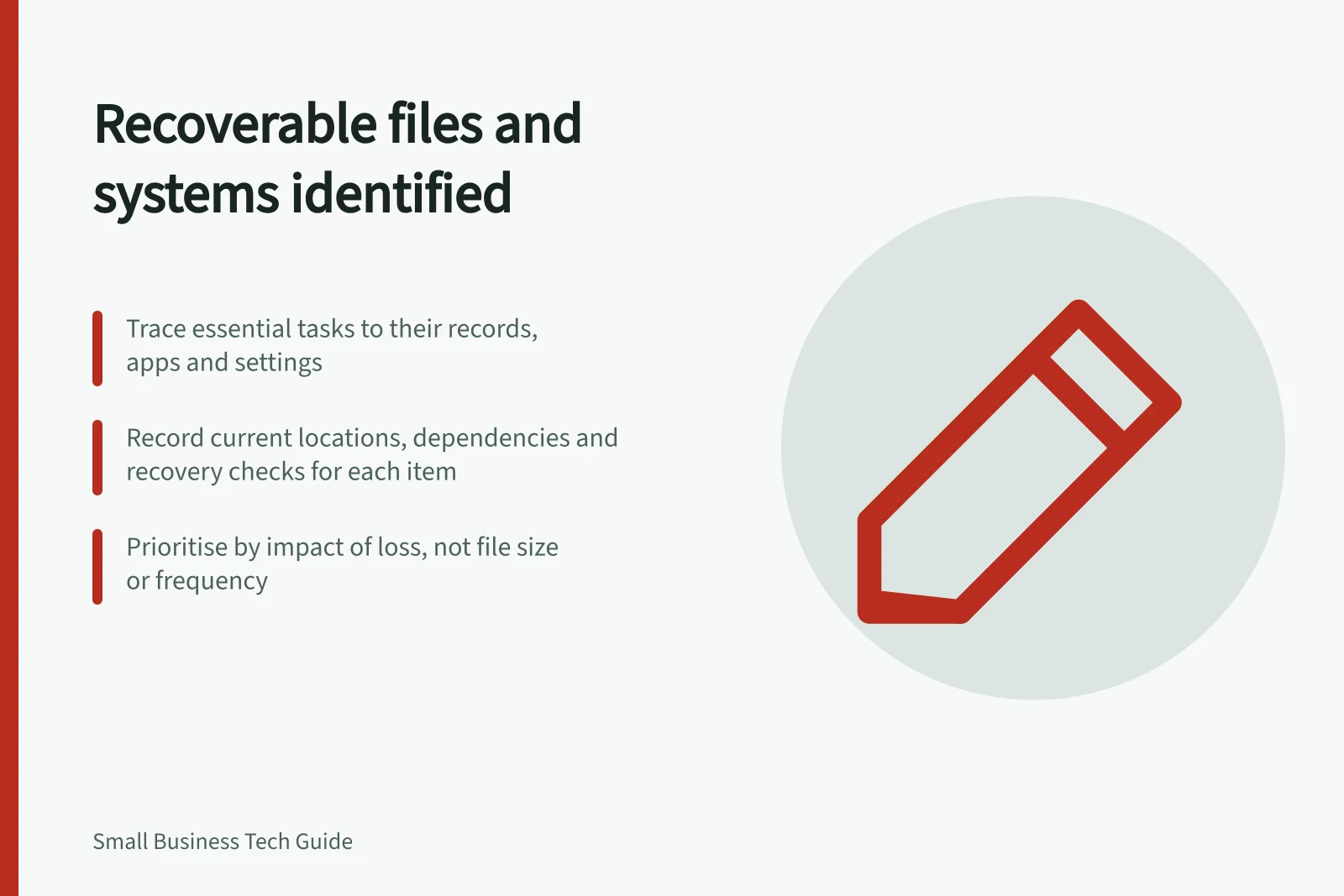 Recoverable files and systems identified: Trace essential tasks to their records, apps and settings; Record current locations, dependencies and recovery checks for each item; Prioritise by impact of loss, not file size or frequency