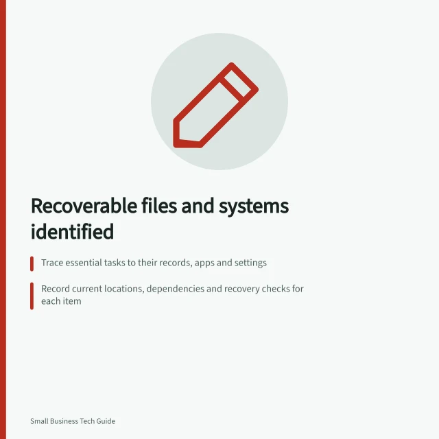 Recoverable files and systems identified: Trace essential tasks to their records, apps and settings; Record current locations, dependencies and recovery checks for each item; Prioritise by impact of loss, not file size or frequency. Identifying the files and systems that must be recoverable