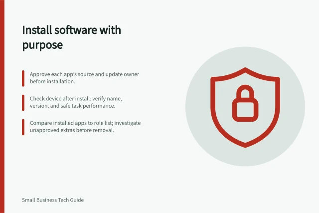 Install software with purpose: Approve each app’s source and update owner before installation.; Check device after install: verify name, version, and safe task performance.; Compare installed apps to role list; investigate unapproved extras before removal. Installing approved software without unnecessary extras
