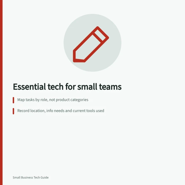 Essential tech for small teams: Map tasks by role, not product categories; Record location, info needs and current tools used; Check for gaps in access, shared files or single-point dependencies. Listing the technology a small team actually needs