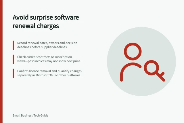 Avoid surprise software renewal charges: Record renewal dates, owners and decision deadlines before supplier deadlines.; Check current contracts or subscription views—past invoices may not show next price.; Confirm licence removal and quantity changes separately in Microsoft 365 or other platforms. Planning renewals without surprise charges