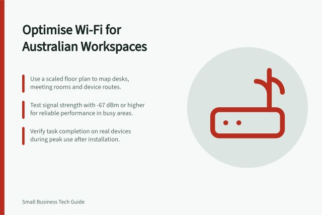 Optimise Wi-Fi for Australian Workspaces: Use a scaled floor plan to map desks, meeting rooms and device routes.; Test signal strength with -67 dBm or higher for reliable performance in busy areas.; Verify task completion on real devices during peak use after installation. Planning Wi-Fi Coverage for the Workspace: Survey & Check