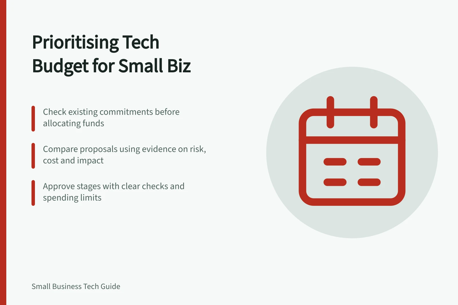 Prioritising Tech Budget for Small Biz: Check existing commitments before allocating funds; Compare proposals using evidence on risk, cost and impact; Approve stages with clear checks and spending limits