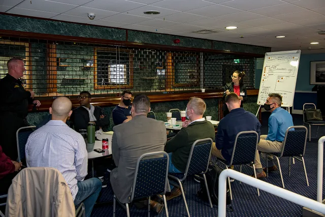 Emergency Management professionals discuss strategy during an Operational Planning team meeting at RAF Alconbury, England, Sept. 28, 2021. The meeting developed a foundation and framework for command and control operations and reporting within the 501st Combat Support Wing as well as critical commun. Prioritising a small business technology improvement budget