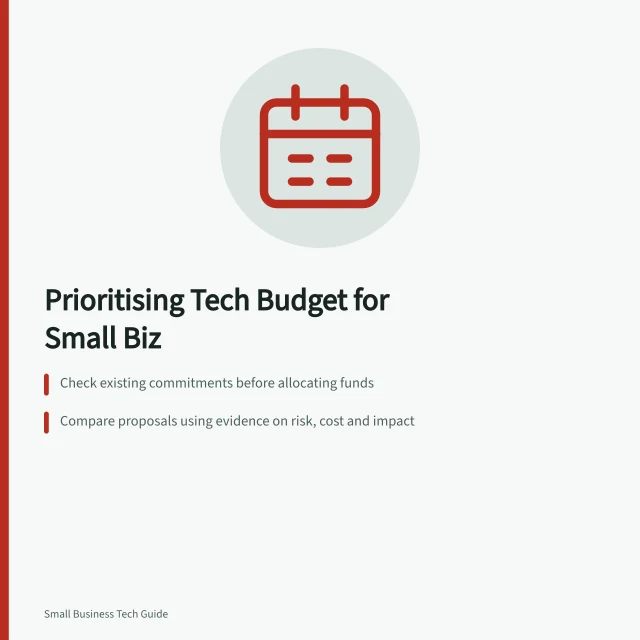 Prioritising Tech Budget for Small Biz: Check existing commitments before allocating funds; Compare proposals using evidence on risk, cost and impact; Approve stages with clear checks and spending limits. Prioritising a small business technology improvement budget