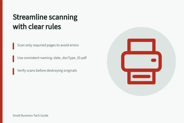Streamline scanning with clear rules: Scan only required pages to avoid errors; Use consistent naming: date_docType_ID.pdf; Verify scans before destroying originals. Reducing manual filing with a clear scanning process