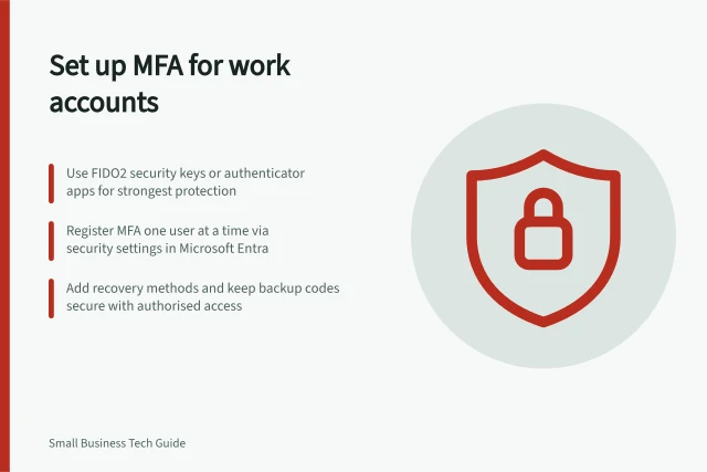 Set up MFA for work accounts: Use FIDO2 security keys or authenticator apps for strongest protection; Register MFA one user at a time via security settings in Microsoft Entra; Add recovery methods and keep backup codes secure with authorised access. Setting up multi-factor authentication for work accounts