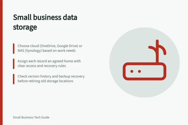 Small business data storage: Choose cloud (OneDrive, Google Drive) or NAS (Synology) based on work needs; Assign each record an agreed home with clear access and recovery rules; Check version history and backup recovery before retiring old storage locations. Small business data storage