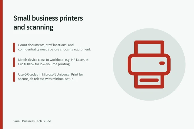 Small business printers and scanning: Count documents, staff locations, and confidentiality needs before choosing equipment.; Match device class to workload: e.g. HP LaserJet Pro M102w for low-volume printing.; Use QR codes in Microsoft Universal Print for secure job release with minimal setup. Small business printers and scanning