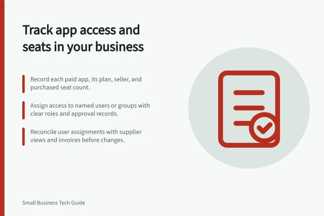 Track app access and seats in your business: Record each paid app, its plan, seller, and purchased seat count.; Assign access to named users or groups with clear roles and approval records.; Reconcile user assignments with supplier views and invoices before changes. Tracking who uses each paid application: users and seats